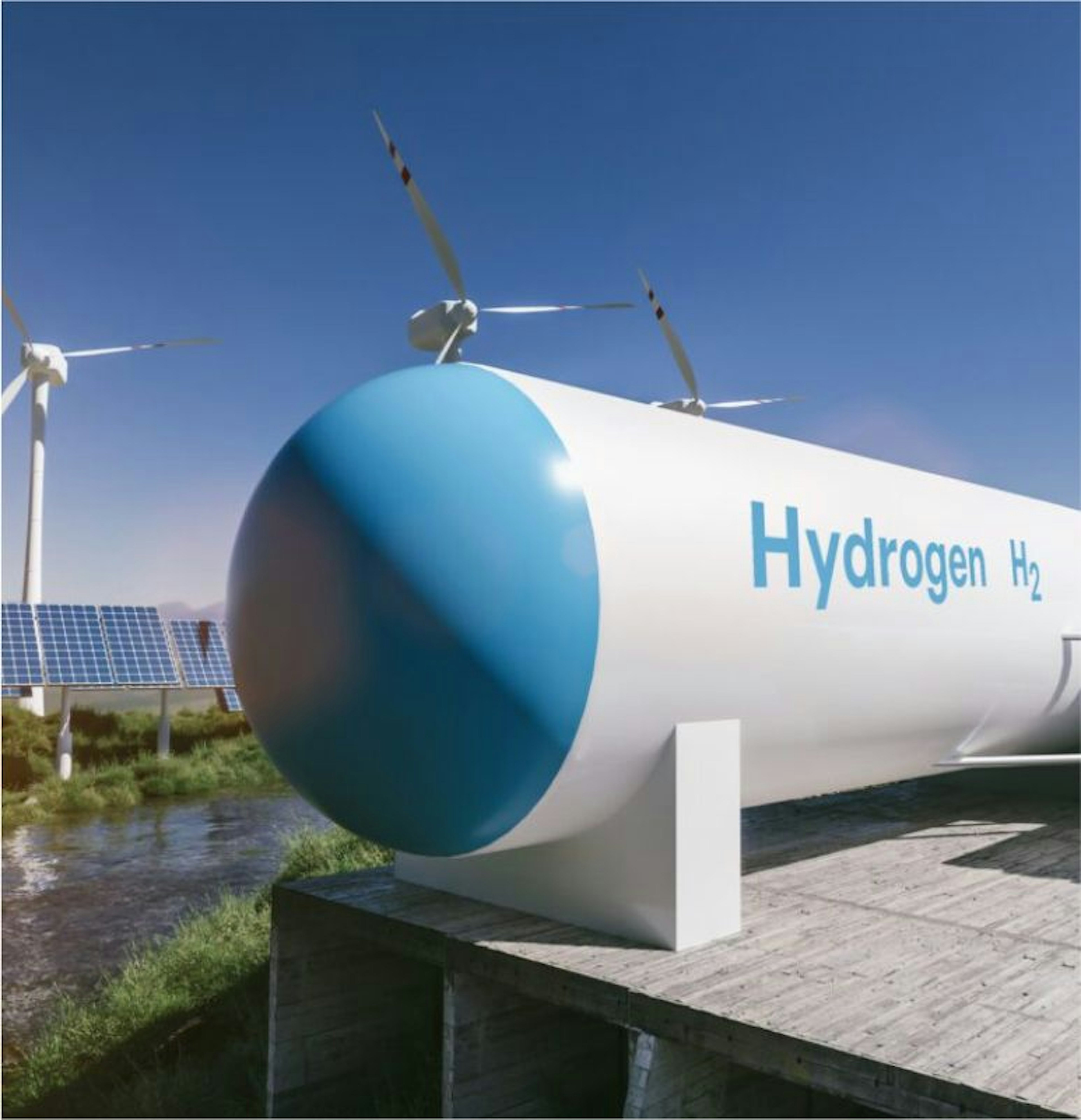 Photo of a hydrogen factory in the background, showing pipes