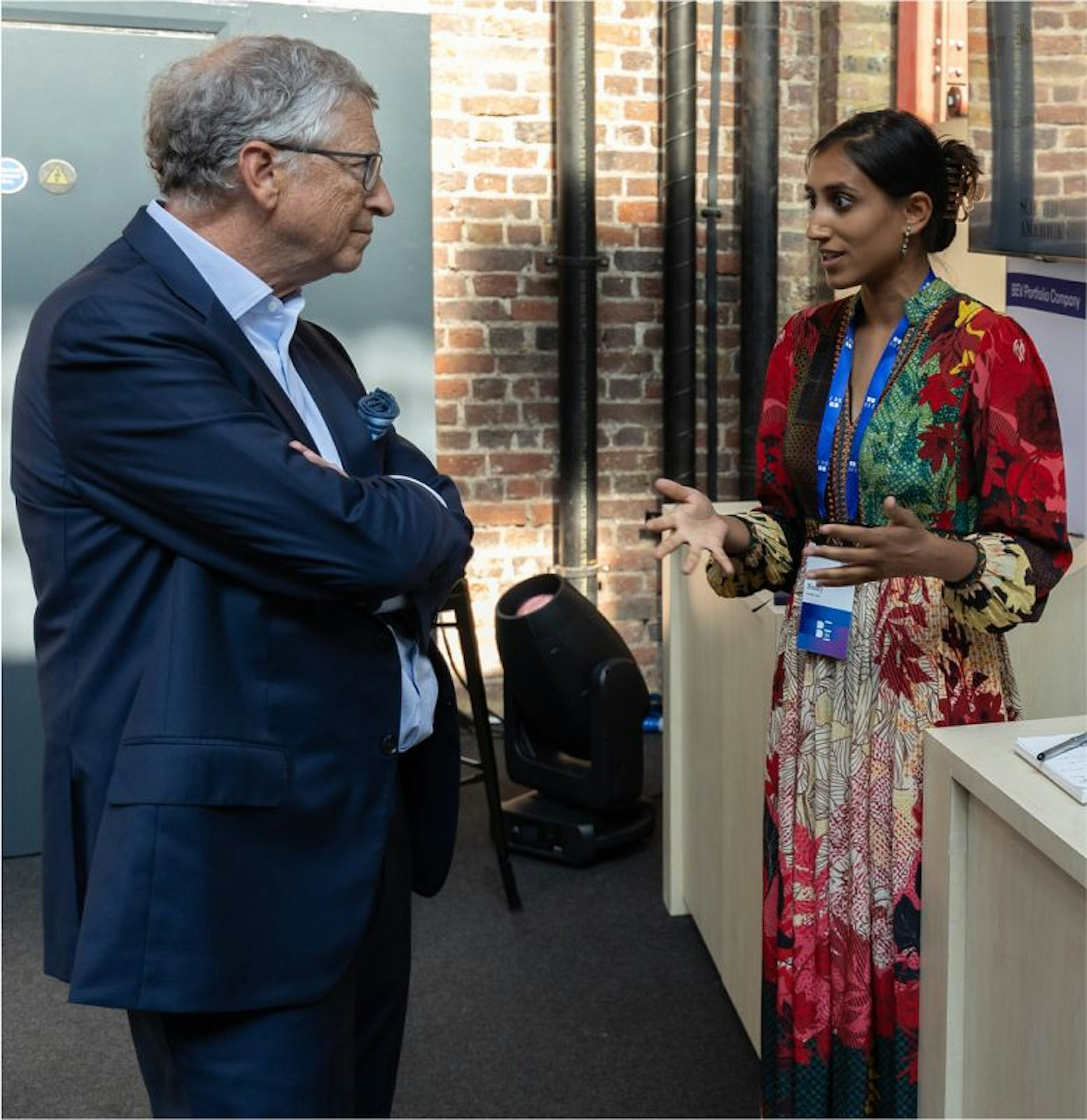 Marisa Reddy, BE Fellow and Co-Founder of Conduit Tech, speaking to Bill Gates at the BE Summit in 2024